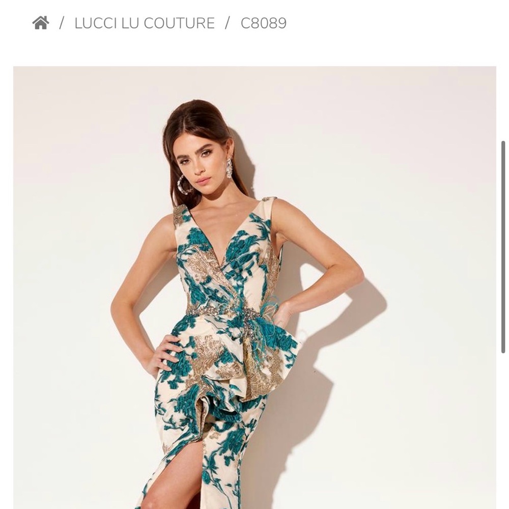 Lucci Lu Couture Asymmetrical Teal and Cream Dress